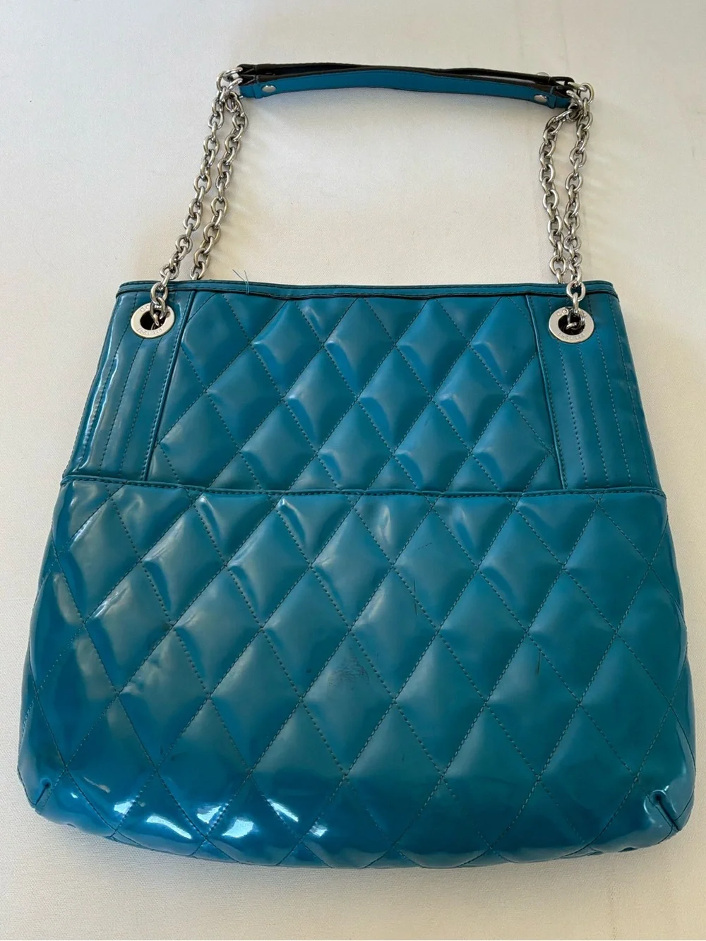 Coach Ashley Teal Patent Leather Quilted Tote Shoulder Bag Chain Strap Large